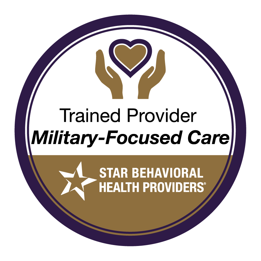 Circular badge with hands holding a heart, text reading "Trained Provider Military-Focused Care," and "Star Behavioral Health Providers" with a star logo.